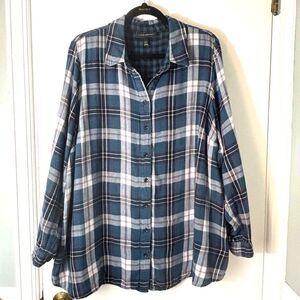 Lane Bryant 18/20 plaid double cloth button front shirt blouse roll tab long sle